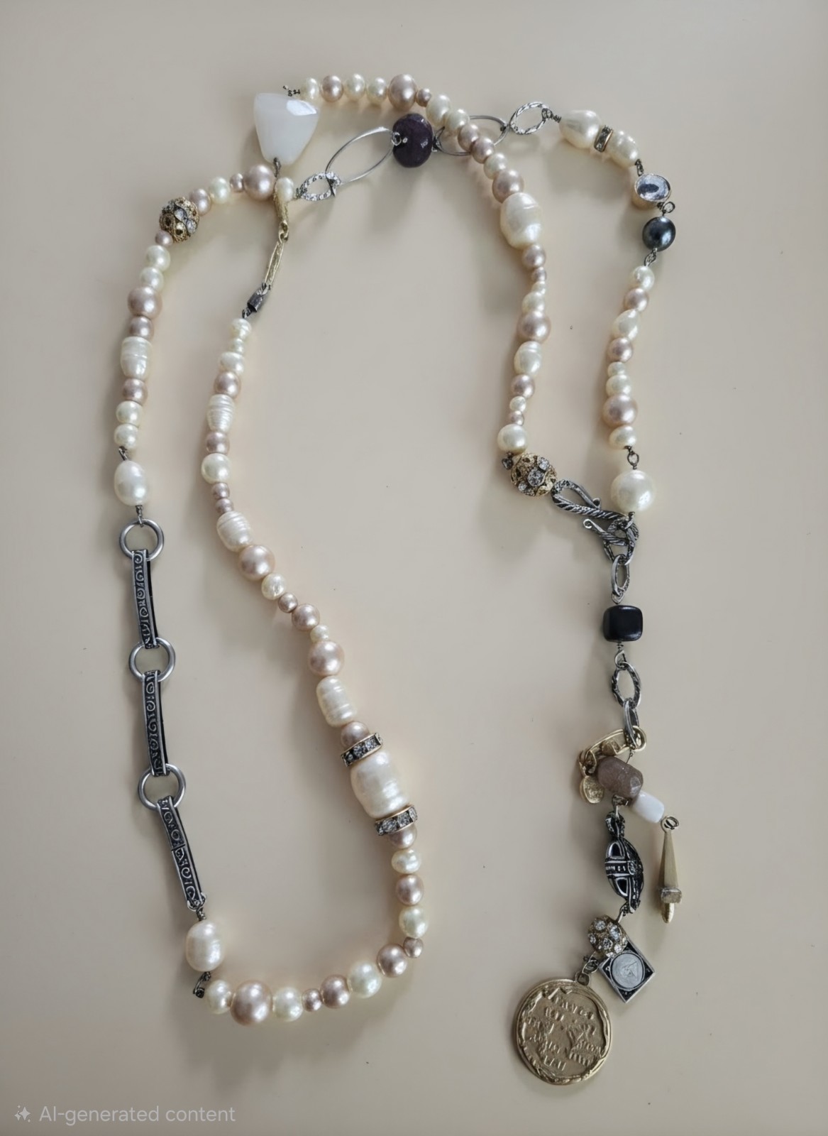 Cabi #2147 Treasure Necklace Mixed Media Pearls Charms Gold Silver Boho Chic
