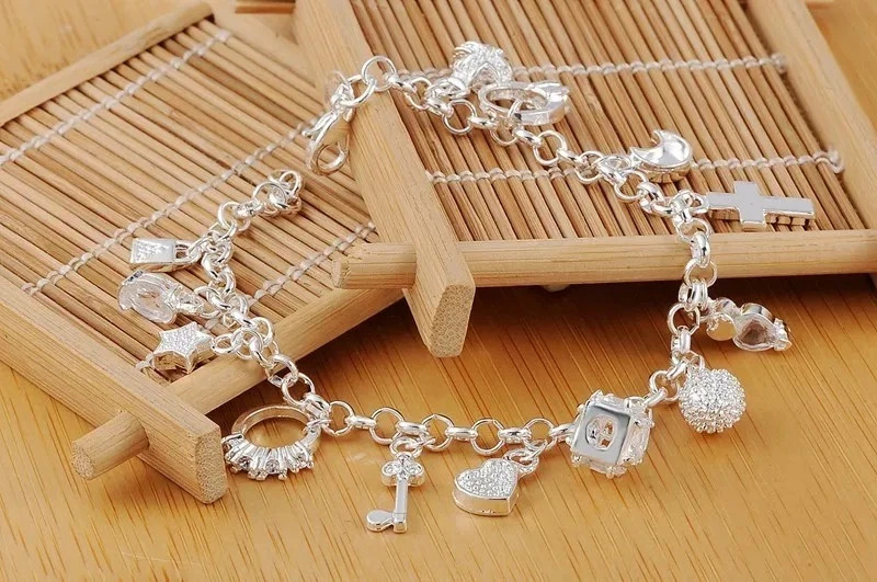 Women 925 Silver Heart Bracelet Cubic Zirconia Chain Gift Jewelry 20cm