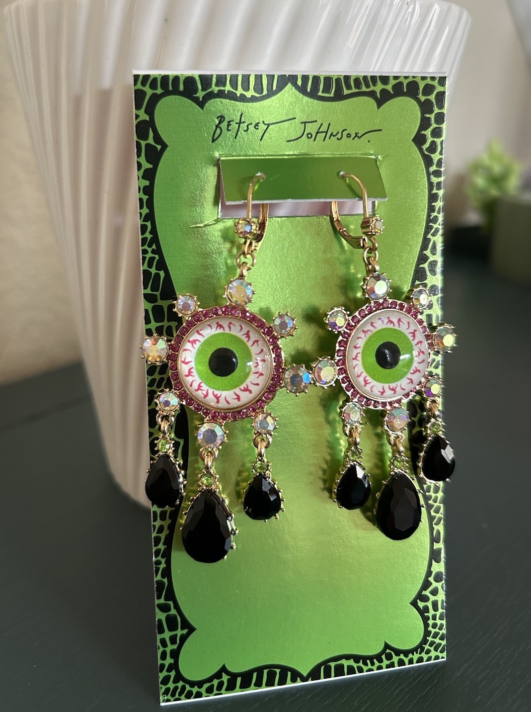 New! Betsey Johnson Eyeball Earrings Dangle Drop Green Eye Black Tears Halloween