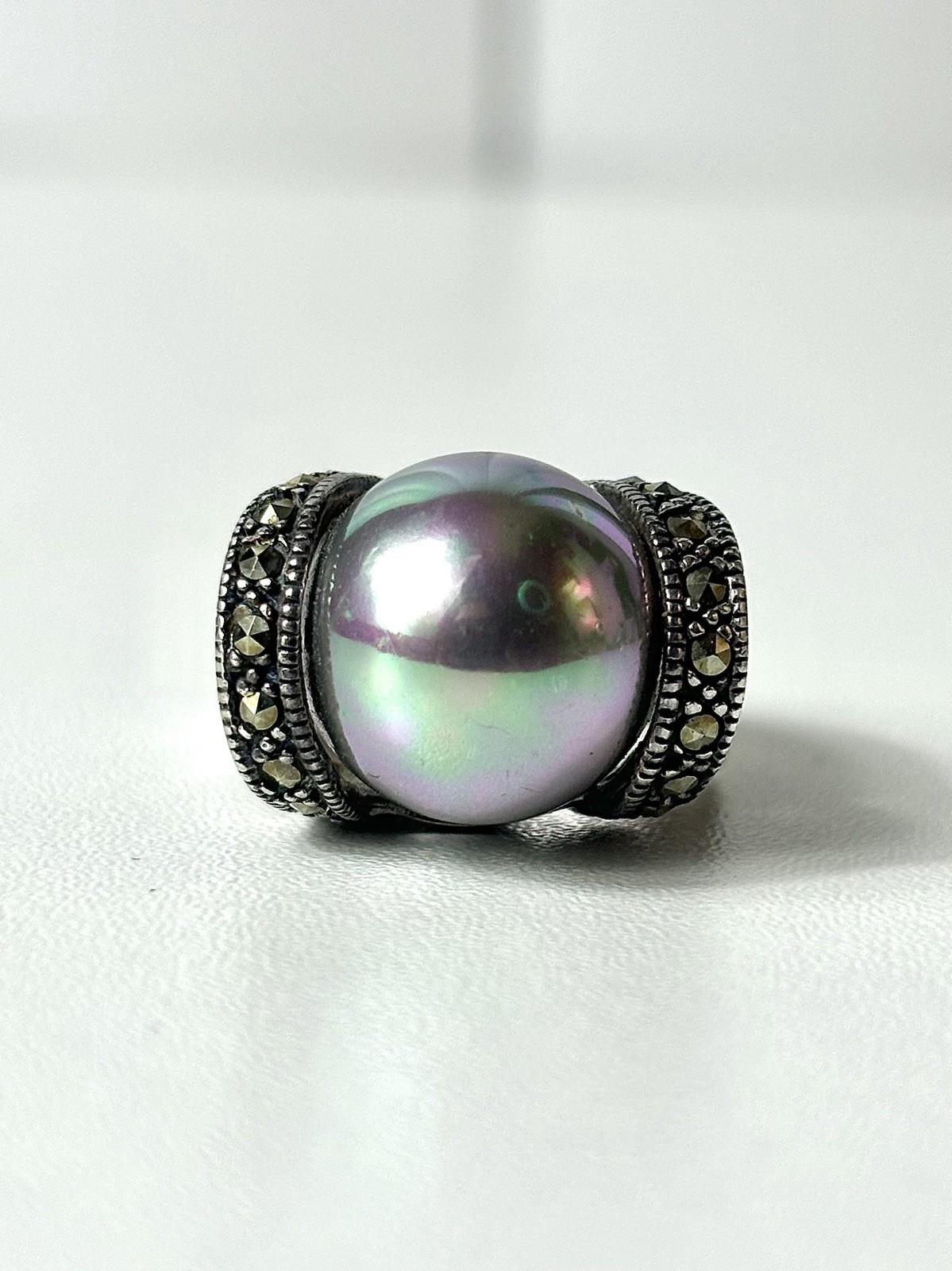 Vintage 925 Sterling Silver Faux Gray Pearl Ring, Size 6.75