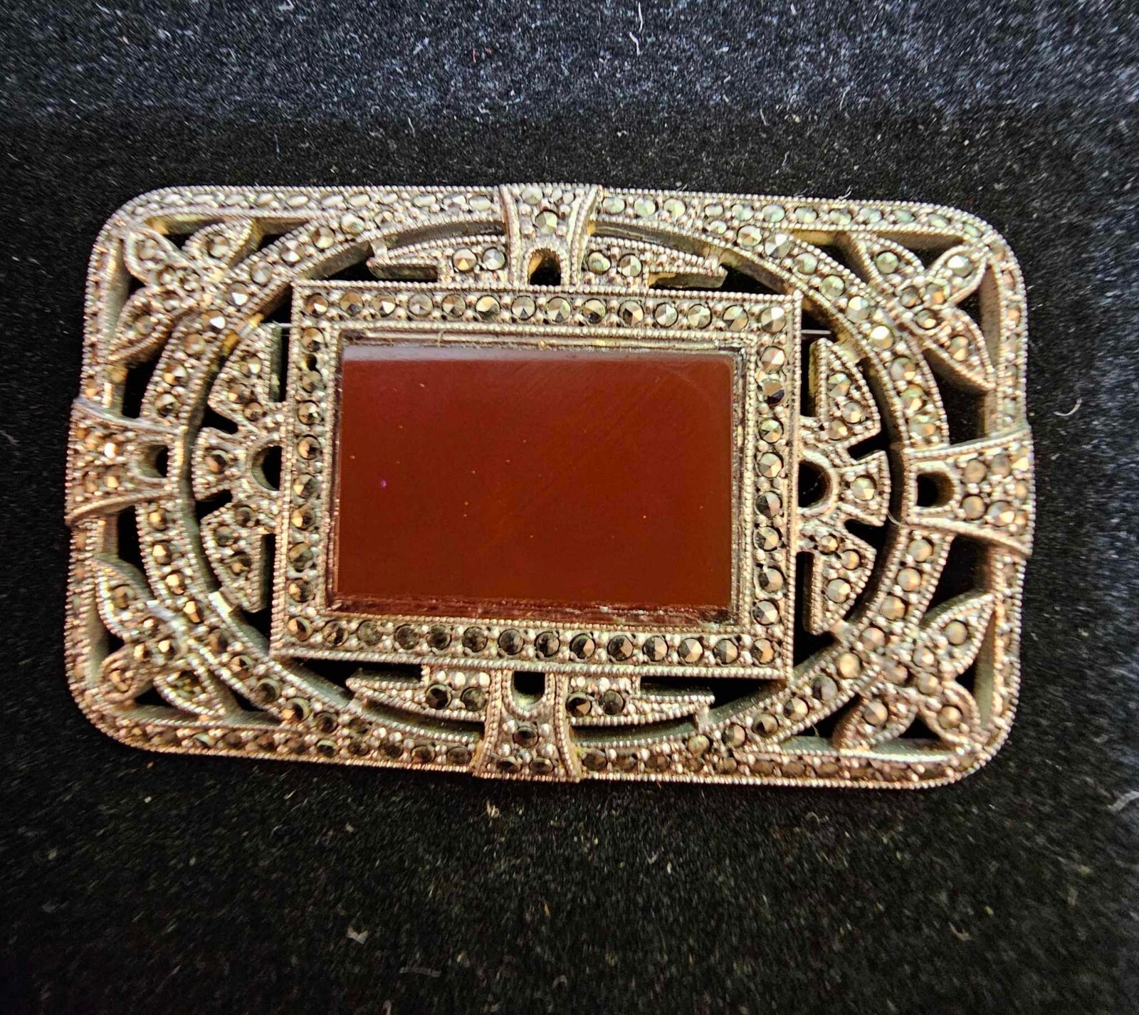 Vtg Art Deco Sterling Silver w Carnelian & Marcasite Rectangular Brooch Pin- S29