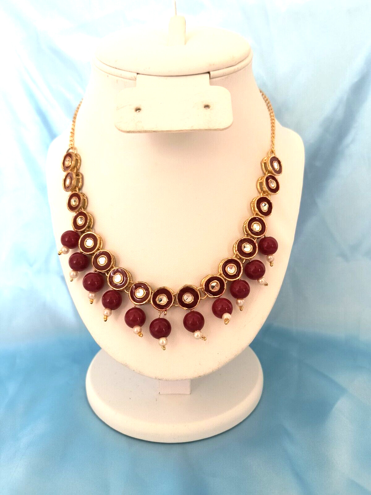 Women’s Statement Necklace Red Gold White Clear Colors with Gold Tone Chain