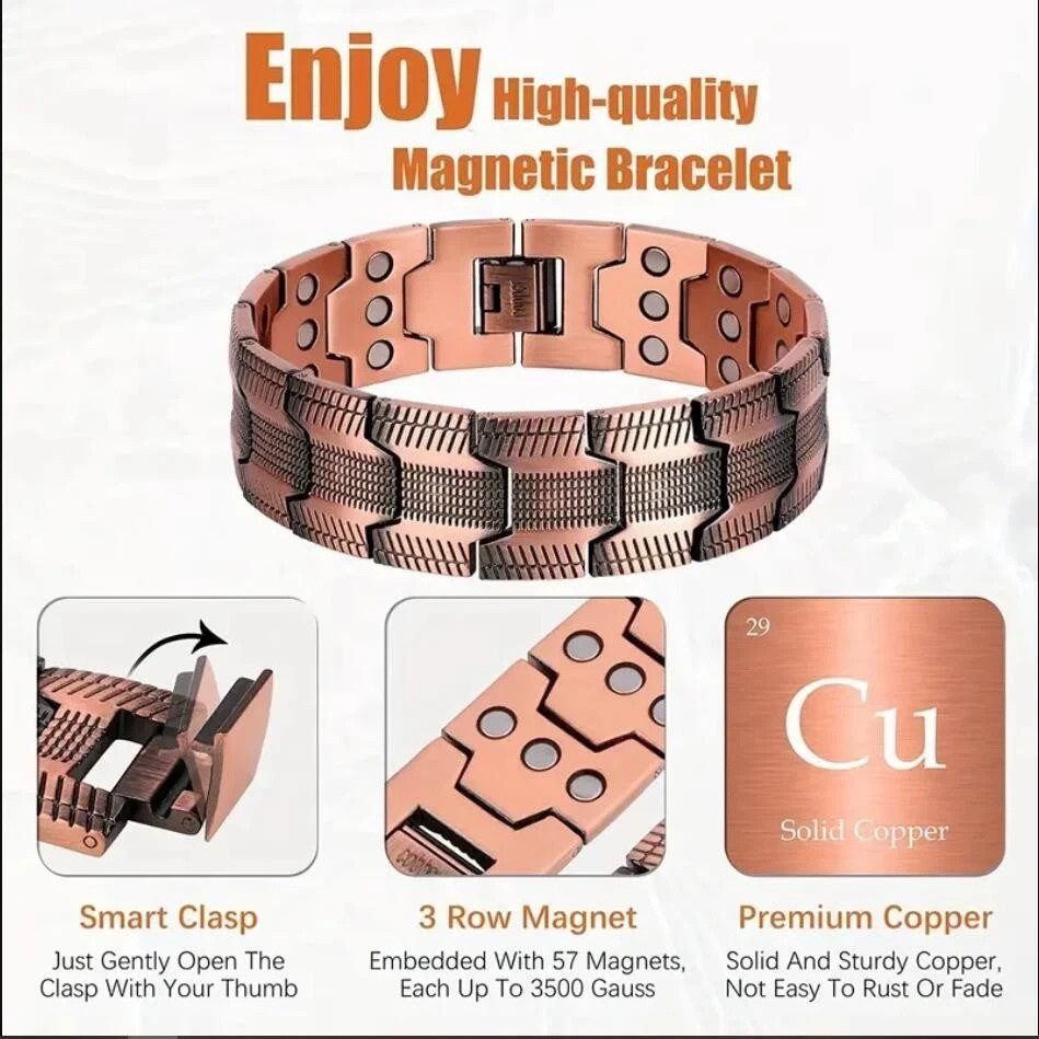 Three-Row Ultra Magnetic Copper Bracelet Therapy Arthritis Pain Relief Men Gift