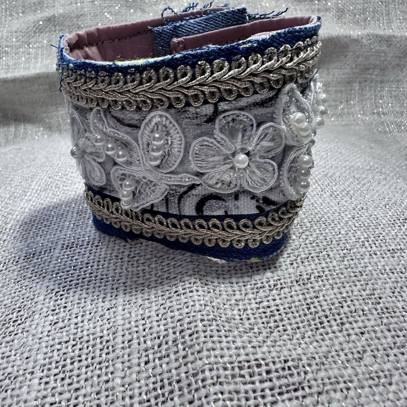 Wide Cuff Bracelet Boho Denim Fabric Embellished 3D Floral Lace Handmade 6-7