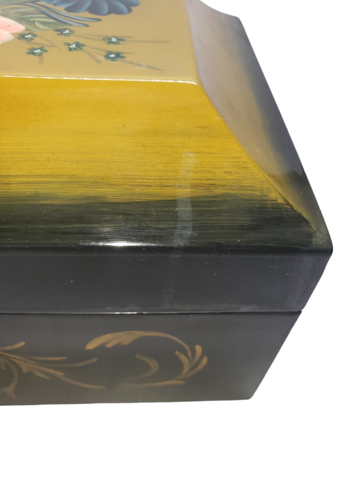 Vintage Hand Painted Wooden Jewelry Keepsake Box Floral Folk Art Black