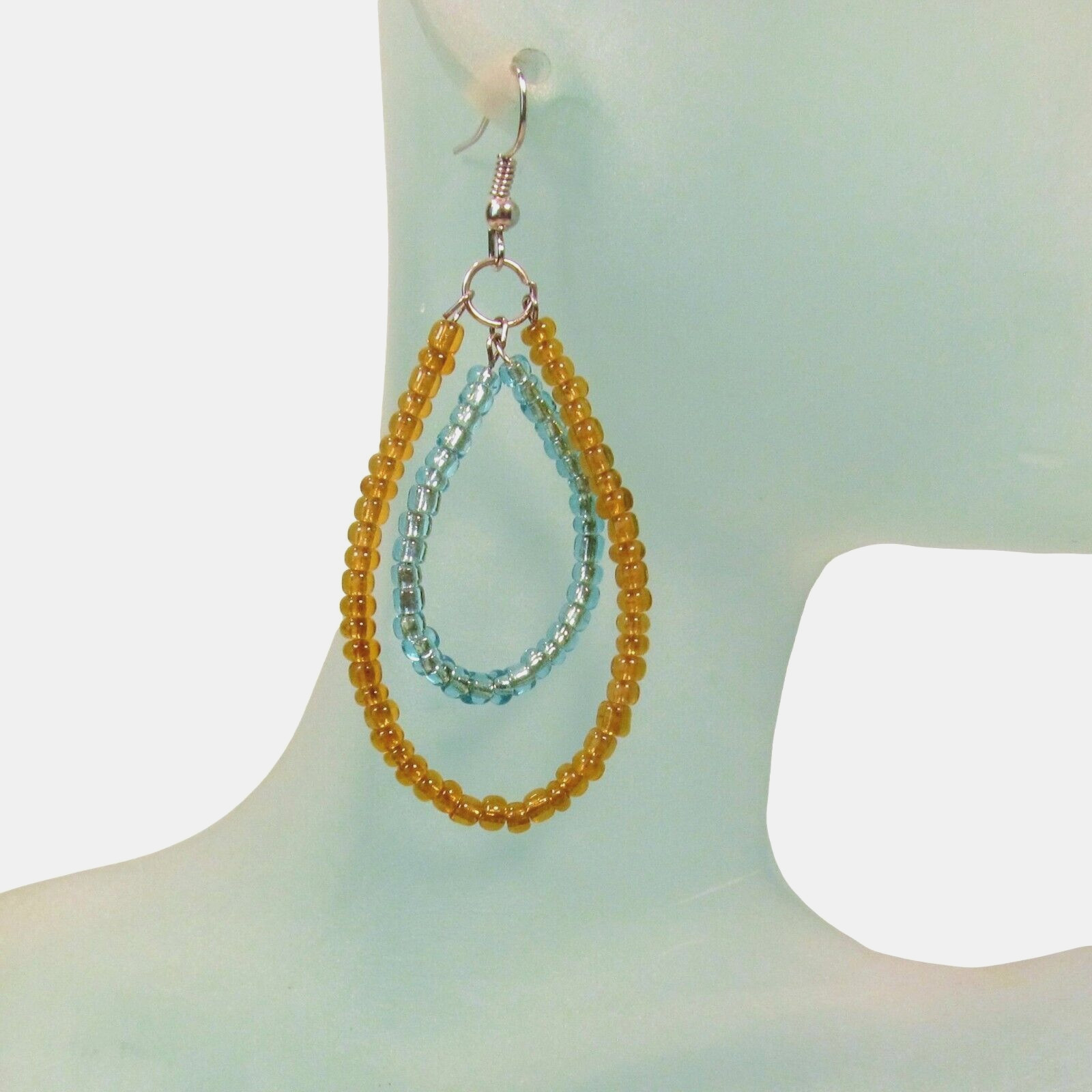 2″ Aqua Gold Color Double Teardrop Hoop Handmade Seed Bead Dangle Earrings