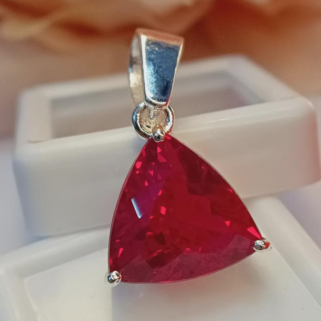 25 Ct Lab Created Ruby Trillion Pendant German Silver Solitaire Red Gemstone