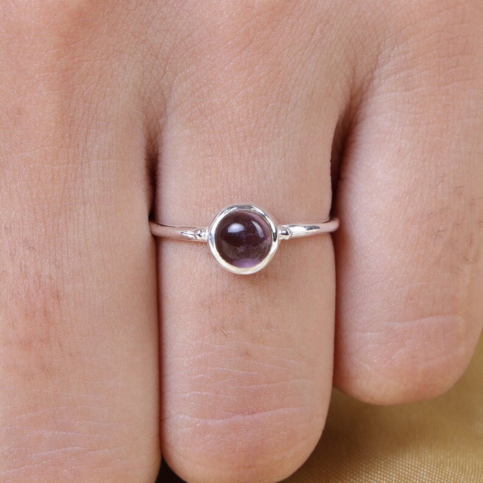 Natural Amethyst Round Cut Stone 925 Sterling Silver Women Handmade Simple Ring