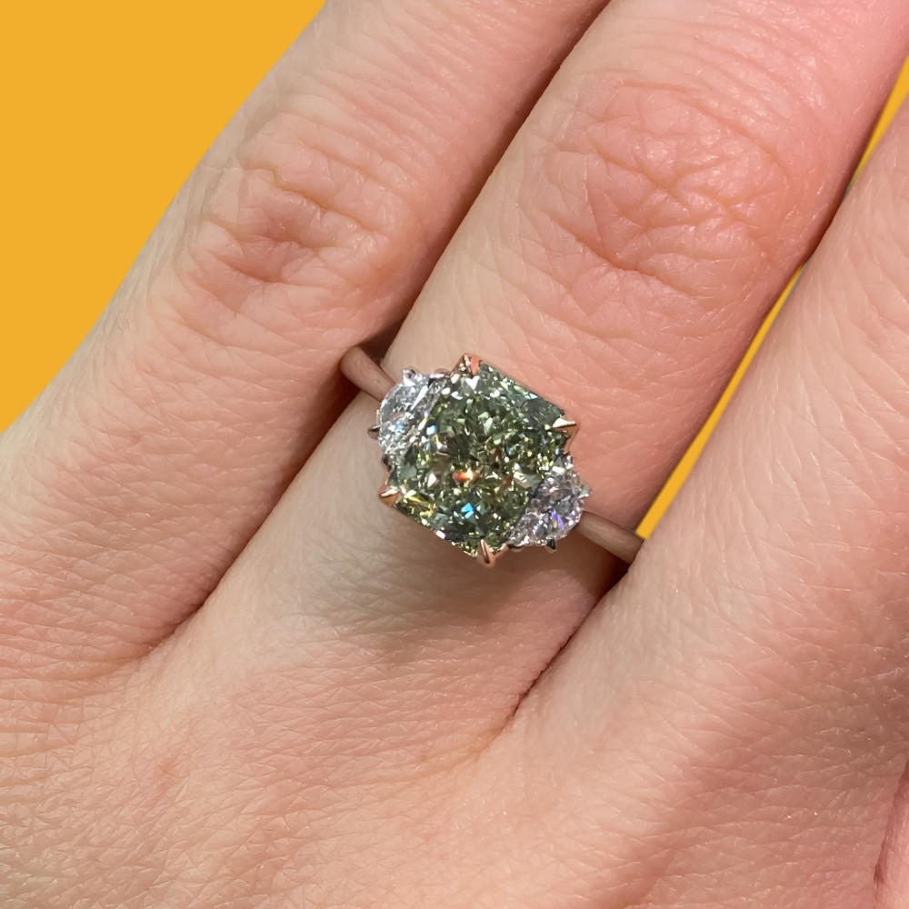 Lab Grown Ring Gold Diamond 3.1 Carat 14k Fancy Intense Emerald Green Multi IGI