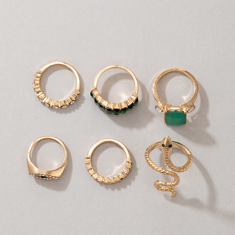 6 pcs Gold Boho Stack Plain Above Knuckle Ring Snake Green Finger Tip Rings Set