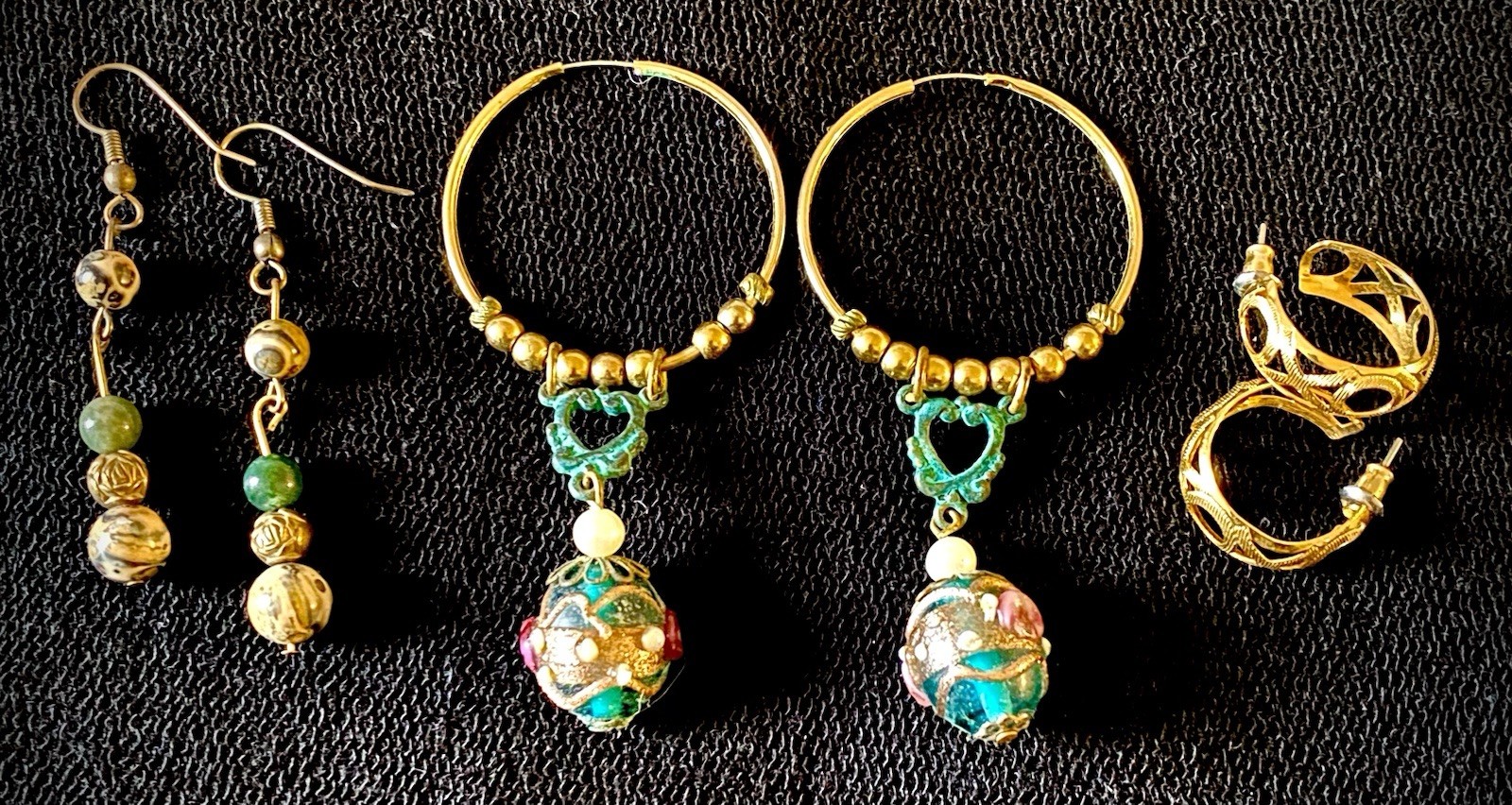 Vintage Lot 3 Pair Dangle Hoop Earrings Bohemian Ethnic Natural Stone X’s & O’s
