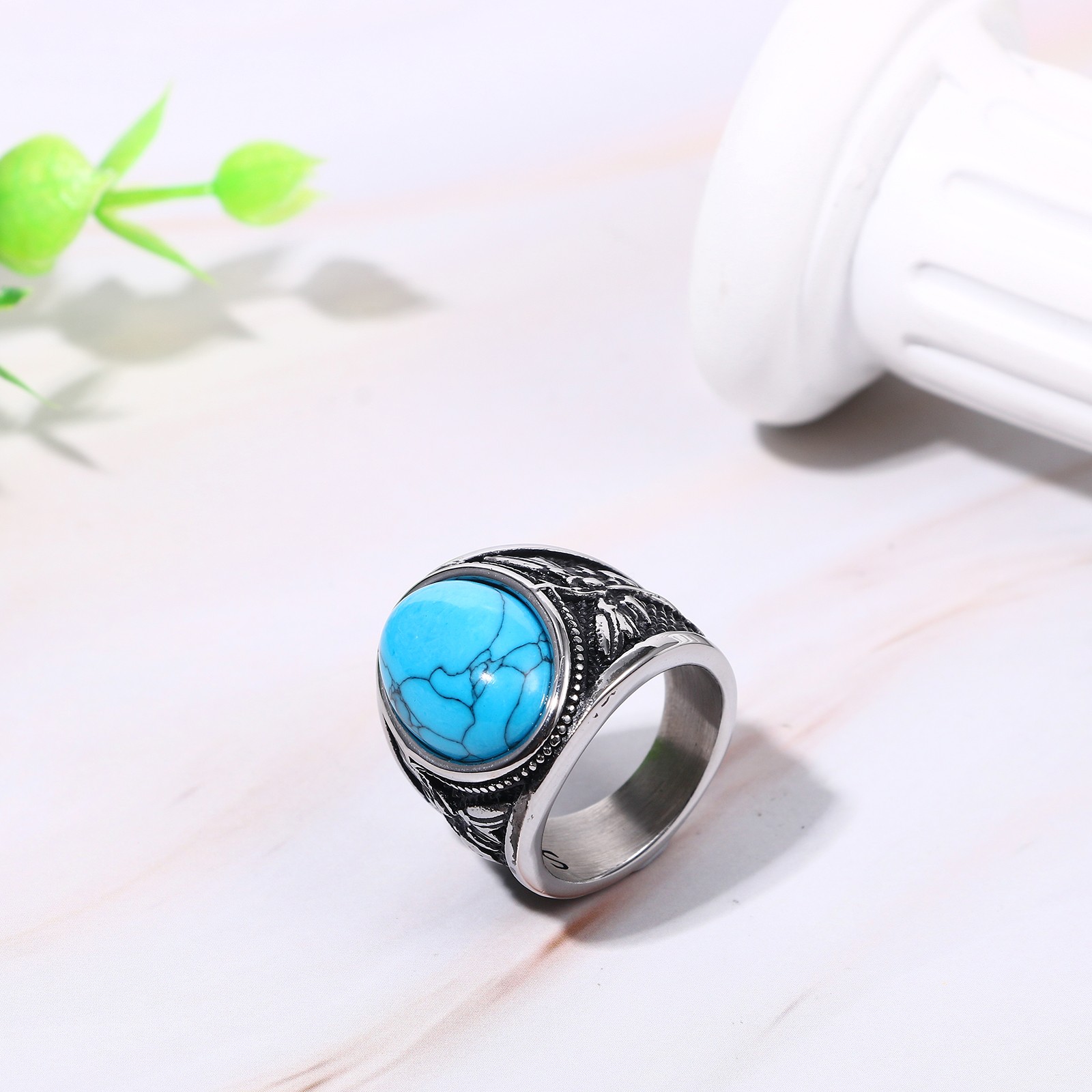 Mens St Michael Oval Turquoise Protecting Ring Stainless Steel Signet Band #8-13