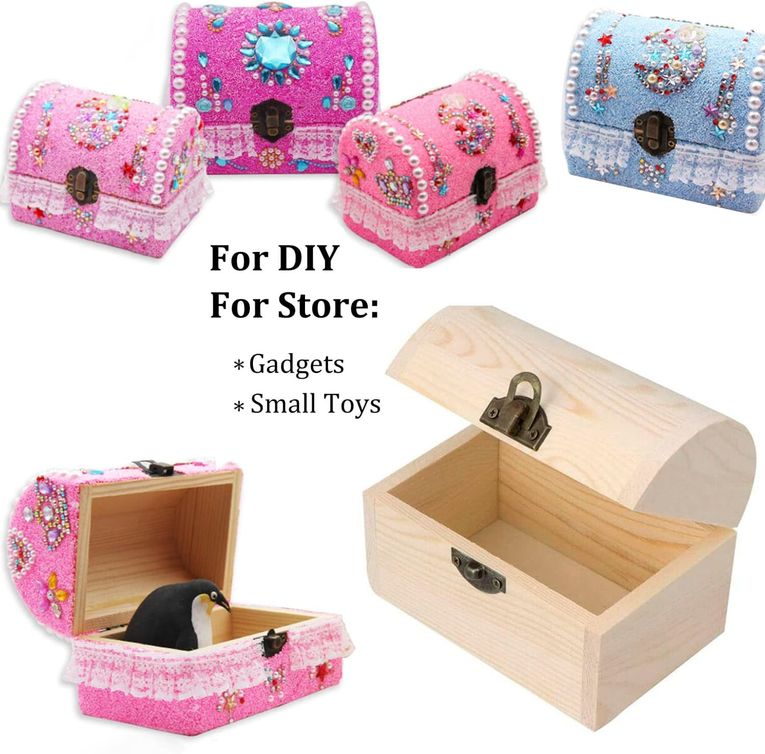 Plain Unfinished Wood Box, Unpainted Wooden Jewelry Box DIY Craft Storage Treasu