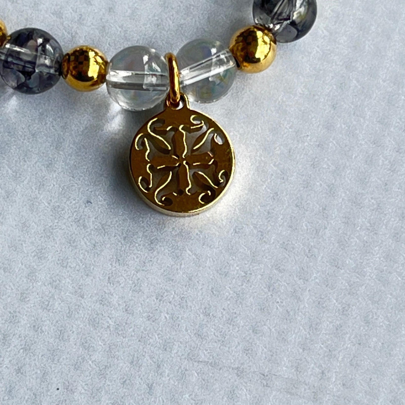 Rustic Cuff Beaded Stretch Bracelet Filigree Charm Marbled Logo Elegant Chic