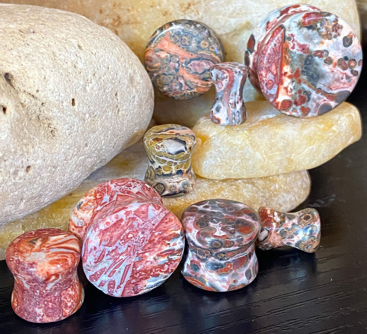 PAIR Natural Leopard Jasper Stone Double Flare Plugs Organic Gauges