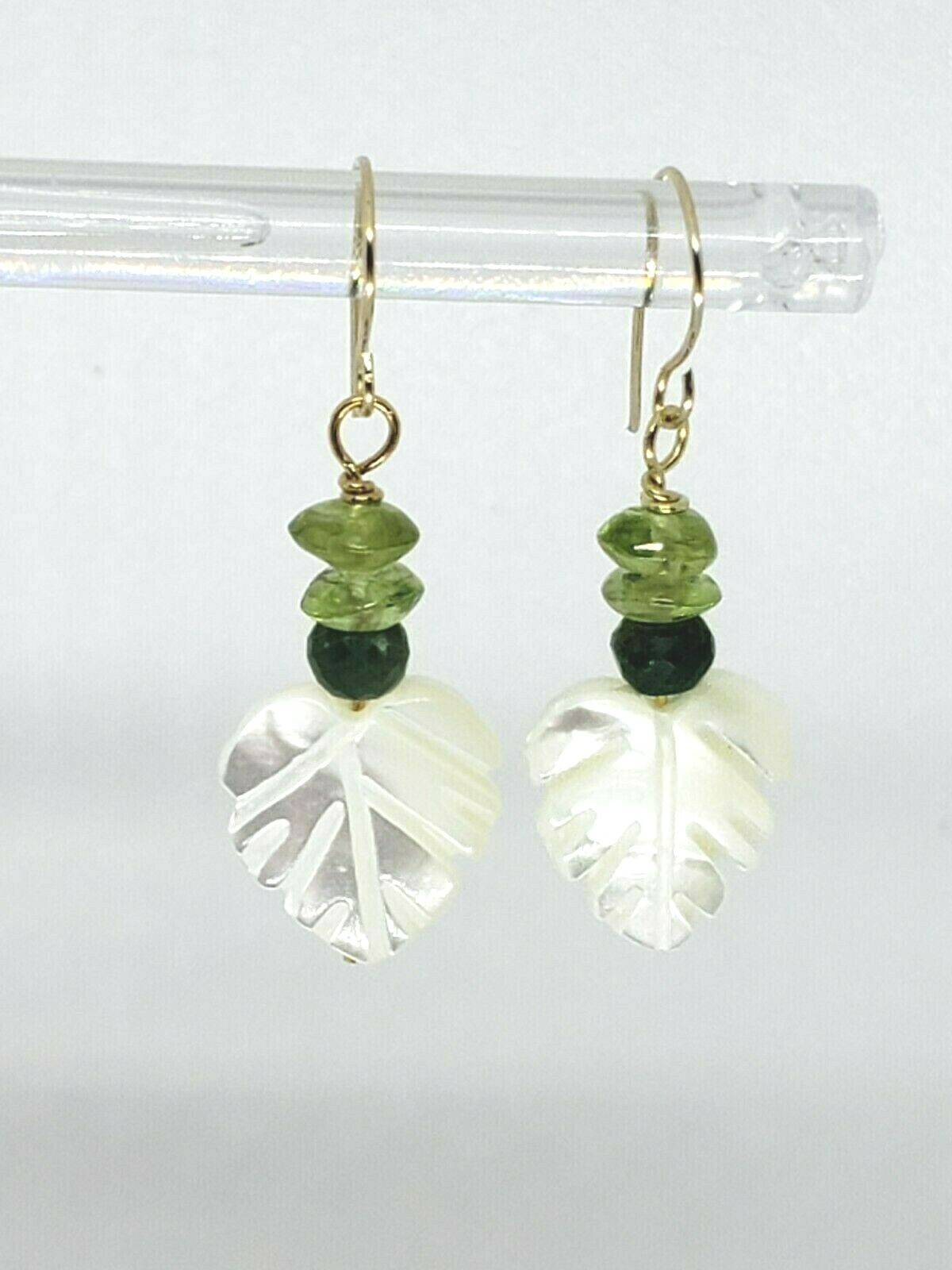 14k Yellow Gold White Iridescent Shell Leaf and Green Sapphire Dangle Earrings
