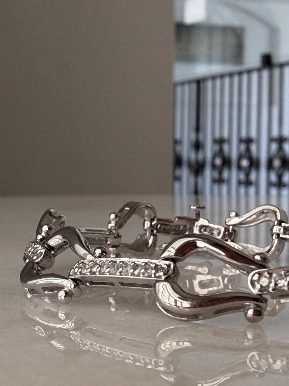 14K White Gold Link Chain Bracelet with Pavé Clear Crystals, Lobster Clasp 7 in