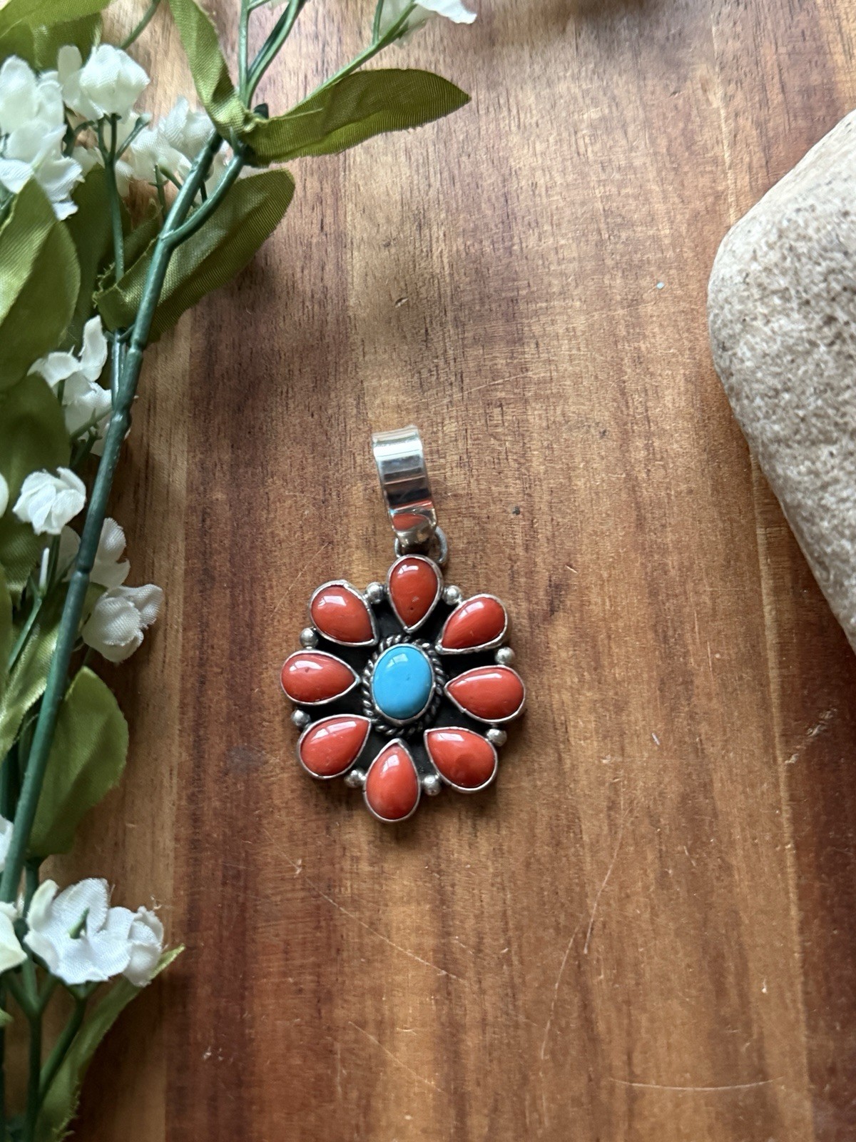 Navajo Sterling Silver Red Coral Turquoise Cluster Pendant LY