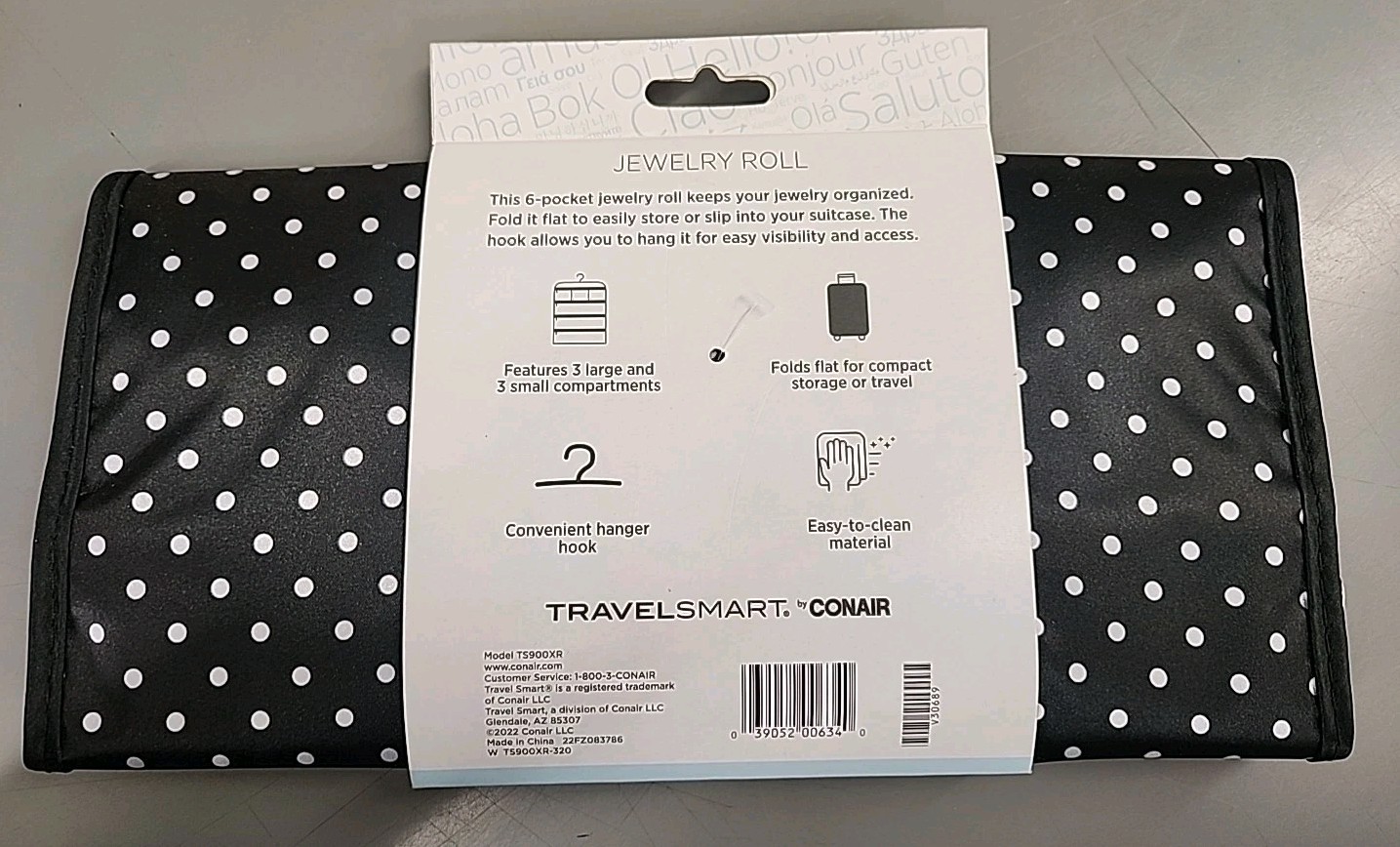 CONAIR Travel Jewelry Organizer – Black Polka Dot Roll-Up Hanging Case