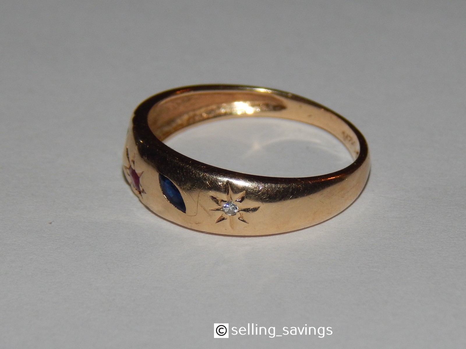 14K YELLOW GOLD RUBY EMERALD SAPPHIRE DIAMOND GYPSY SET 1/4 INCH WIDE BAND RING