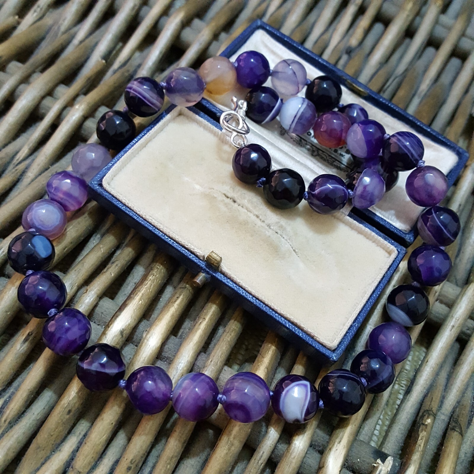 Vintage Egyptian Solid Silver Necklace, Purple Onyx Gems Beads, Purity 800
