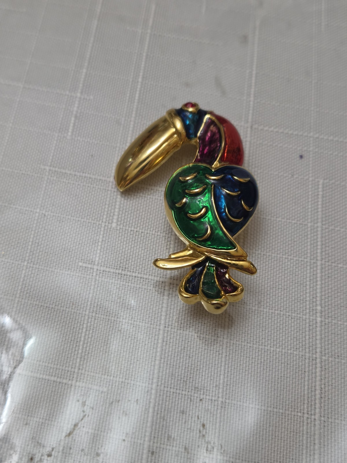 Vintage Enamel Toucan Brooch Pin Multi-Colored with Red Crystal Eye