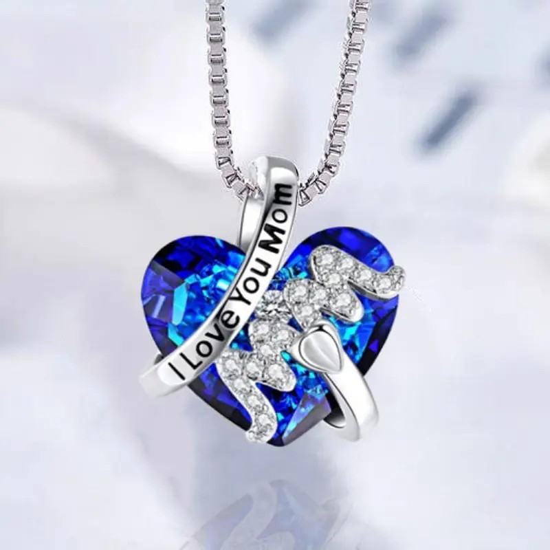 Heart Mom Pendant Necklace I Love You Mom Blue Crystal Silver Jewelry Gift