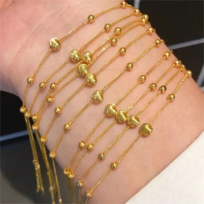 Pure Au750 18K Yellow Gold Chain Lucky Laser Beads Wheat Link Bracelet 6.1-7.2in