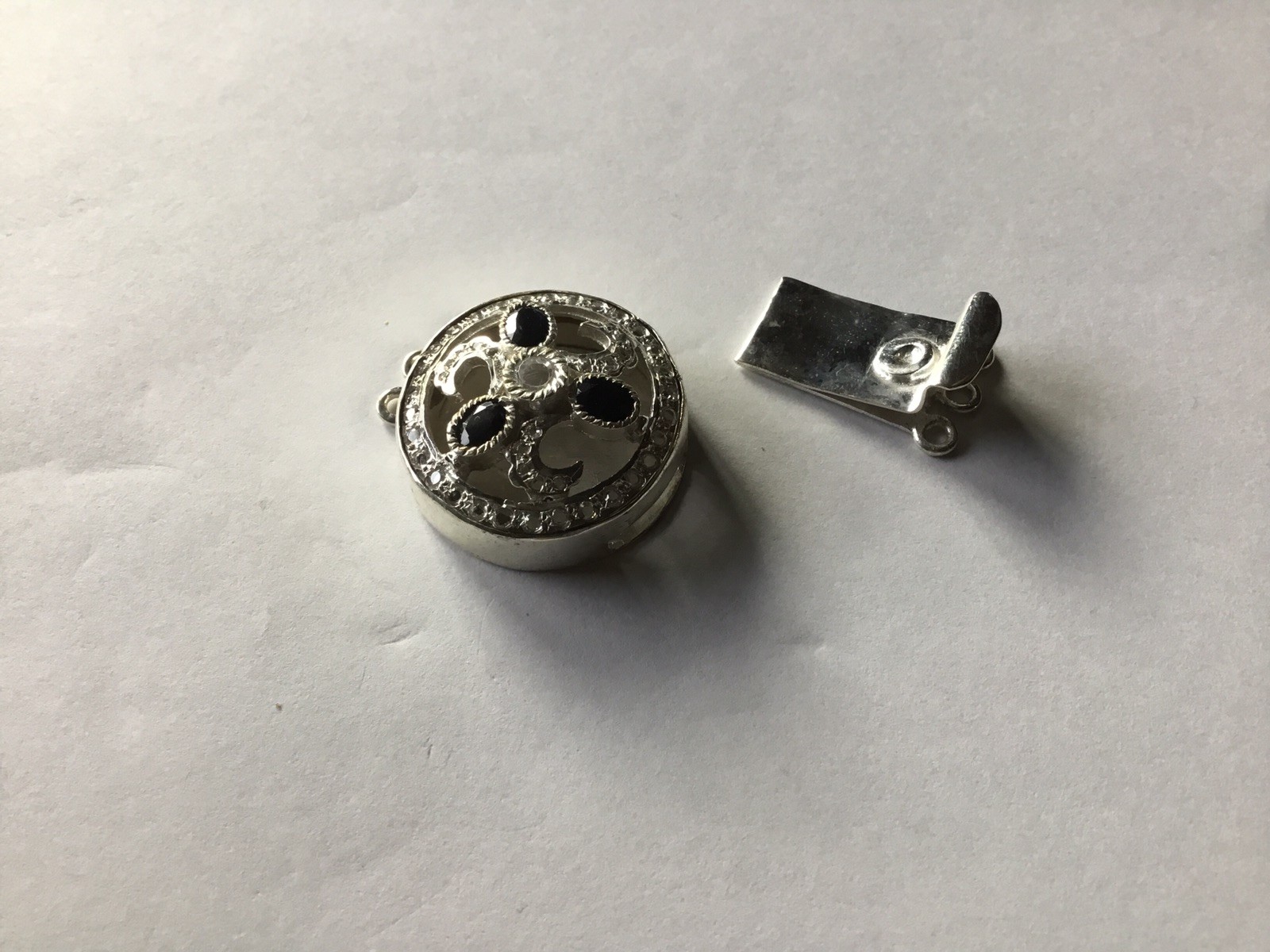 Silver plated brass ,box-tab Clasp for Jewelry w/dark blue sapphire & clear CZ