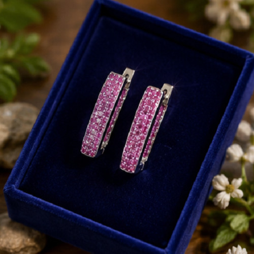 1.5ct Simulated Pink Ruby Rectangular Women’s Hoop Earrings14K White Gold Plated