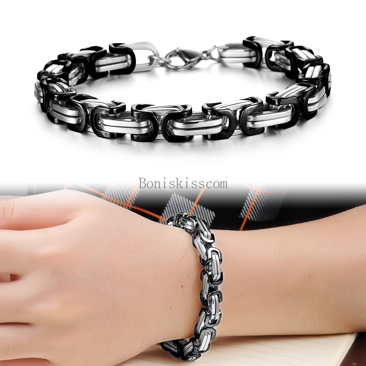 Silver Gold Black Tone Square Byzantine Stainless Steel Bracelet Mens Boys Chain