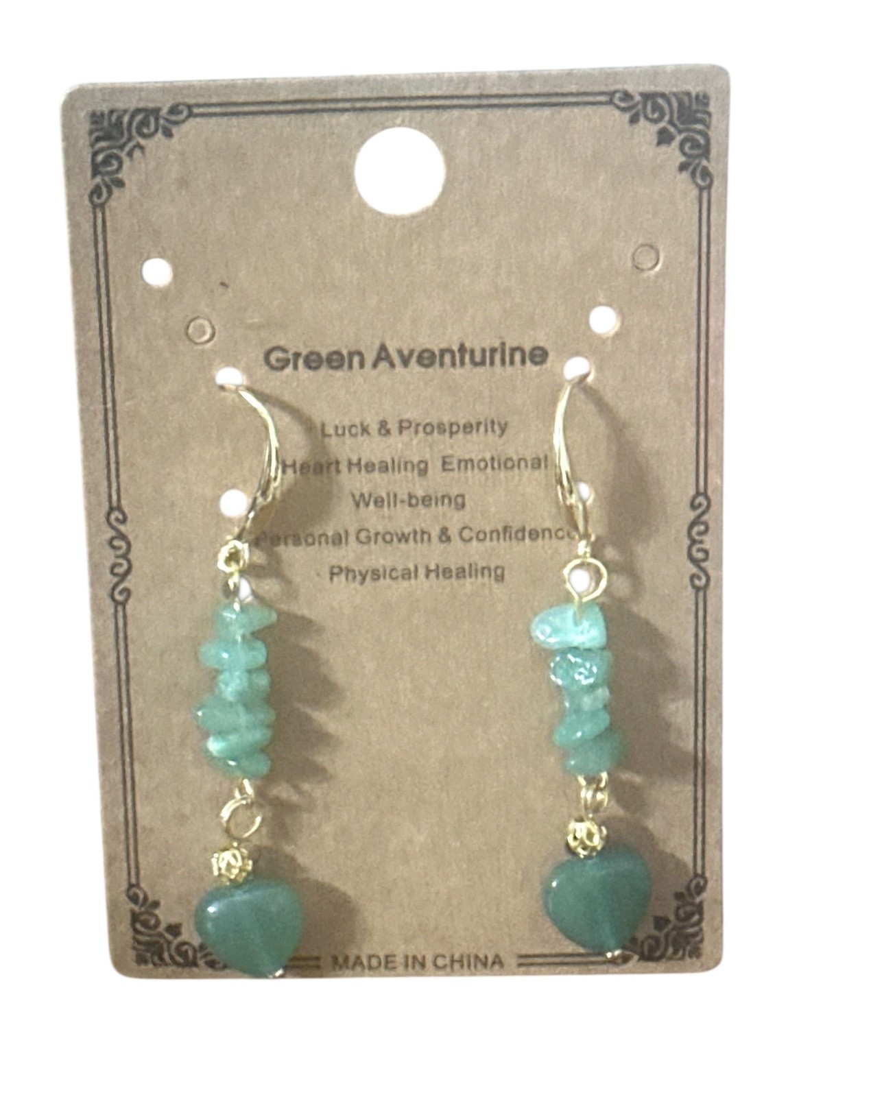 18K gold plated Earrings- green aventurine- hearts- chip beads-french wire