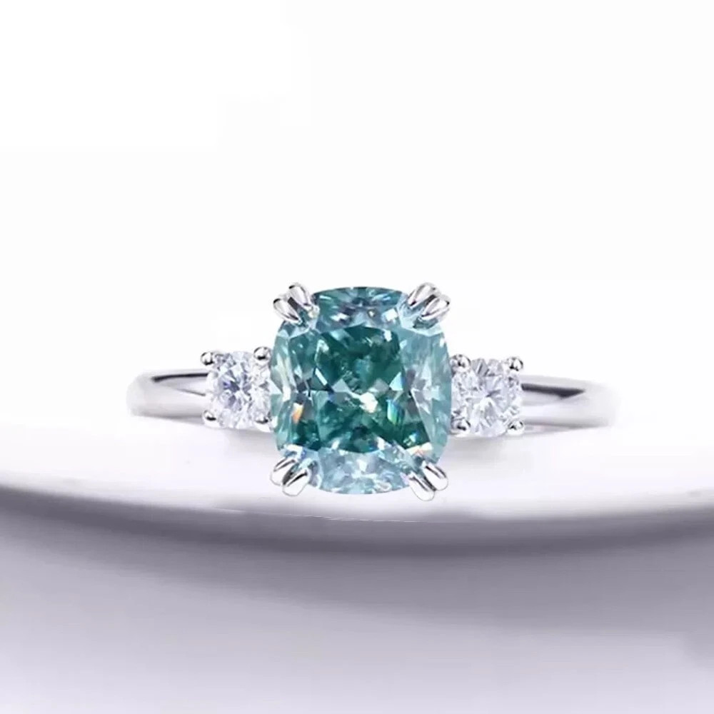 Certified Blue Diamond 3.10 Ct 925 Cushion Cut 925 Sterling Silver Ring