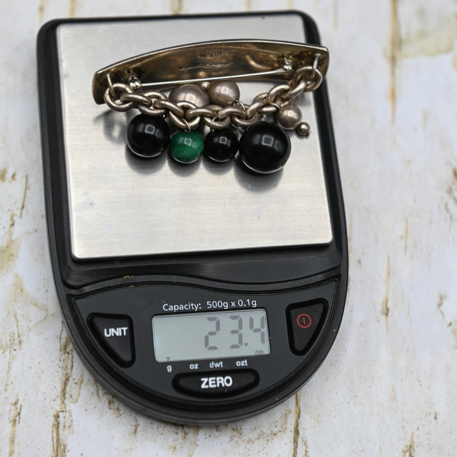 Susan Cummings Malachite Onyx Sterling Silver Bead Bar Dangle Pin Brooch 23.4g