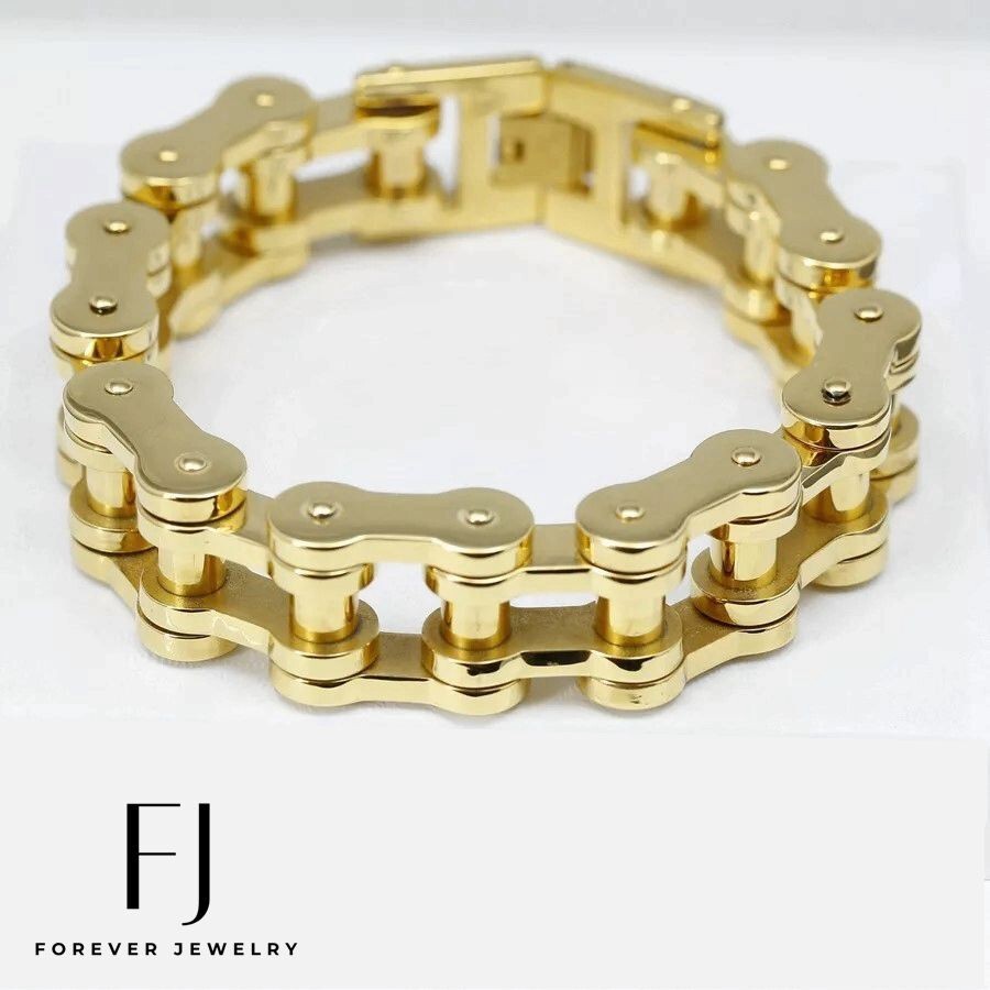 Men’s Stainless Steel 8.5″Motorcycle Bike Chain 12mm Bracelet Gold plated BOX