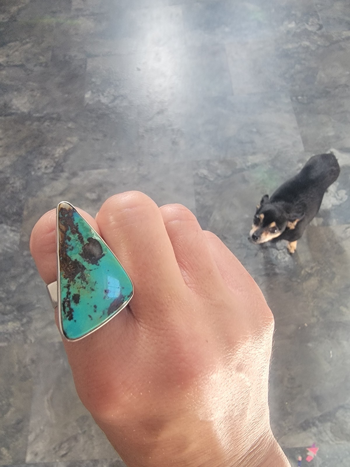 Big Blue Green Royston Turquoise Stone Adjustable Ring Signed 925 Sterling 13.5g