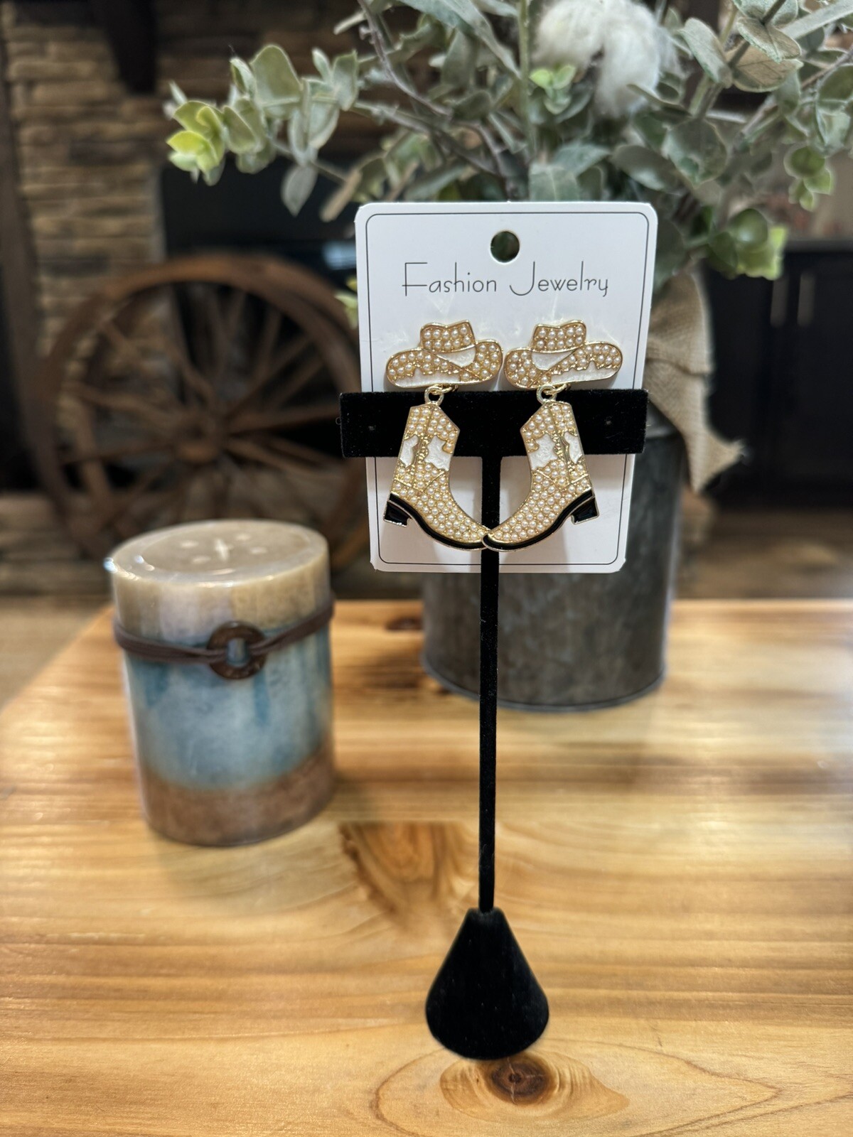 Western Style Post Back White Dangle Cowboy Hat And Boot Earrings W/ Pearls