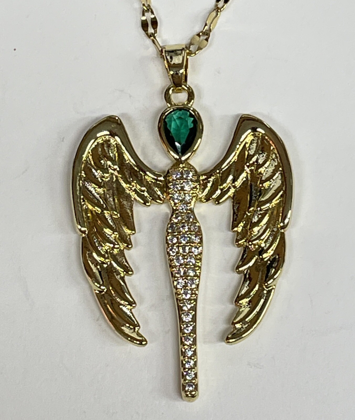 Angel Gold Green Clear Cubic Stones Necklace 18” Stainless Religious Jewelry NEW