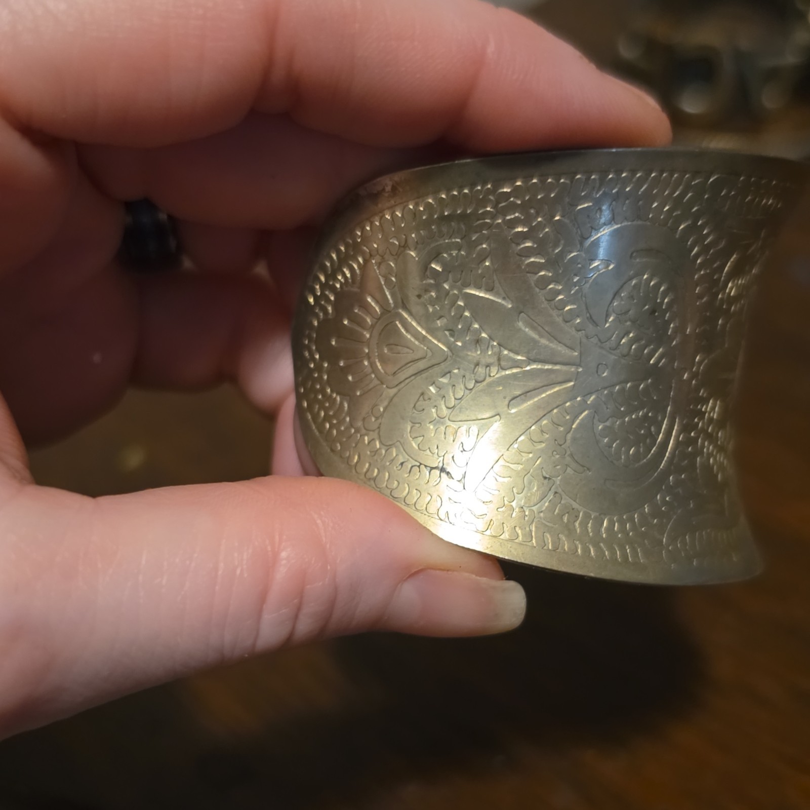 Wide Silver Tone Metal Engraved Floral Cuff Bracelet, No Stone