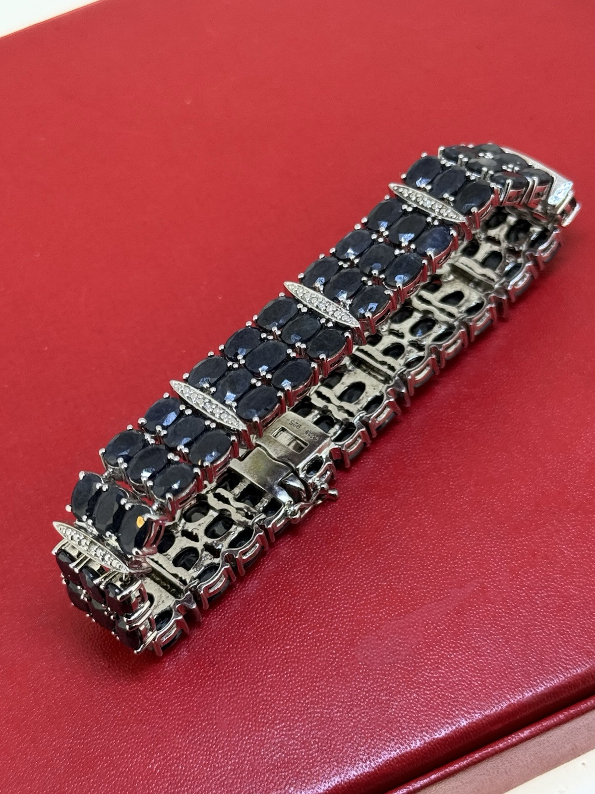 Vintage SJM Sterling Silver Blue Sapphire & Diamond Bracelet 7.5 Inch Long