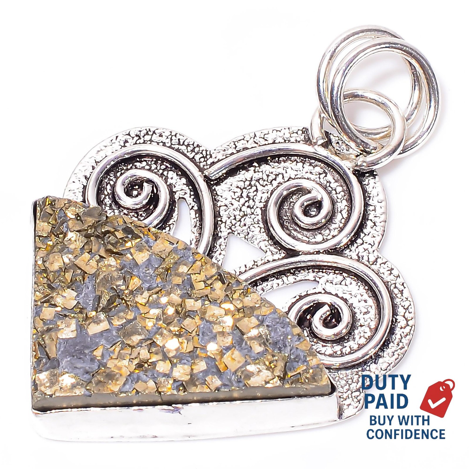 Fancy Pyrite Druzy Elegant Channel Set Trendy Mother New Pendant Sterling Silver