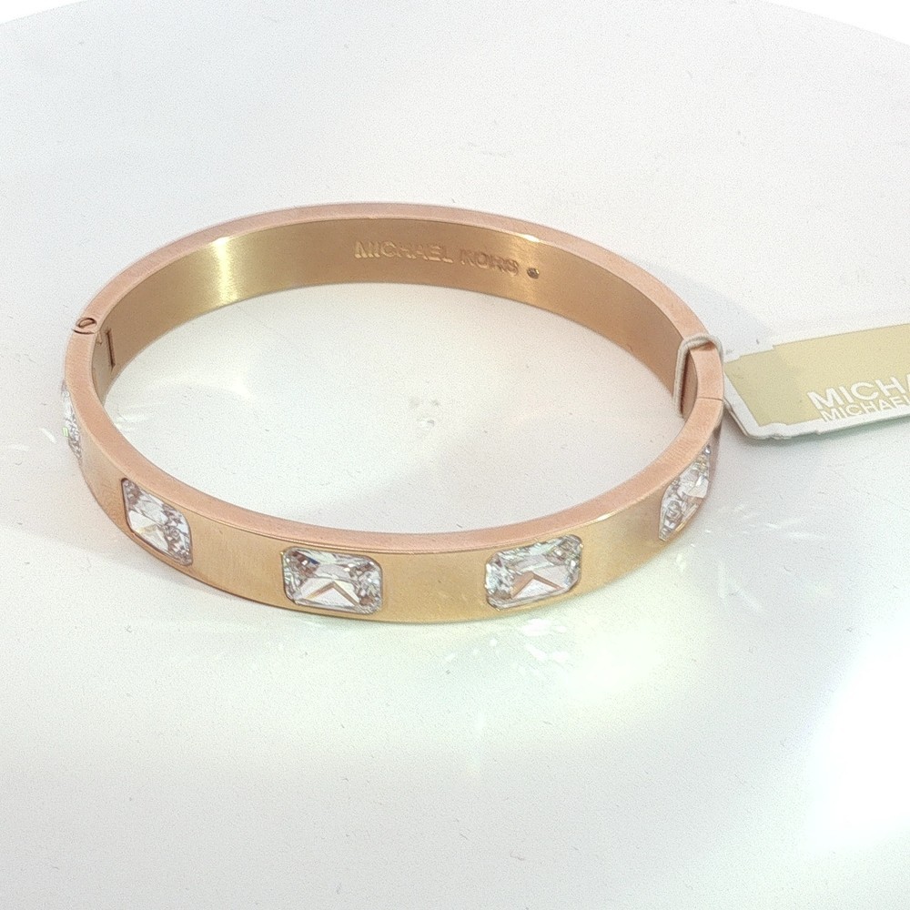 NWT Michael Kors Rose Gold Tone Crystal Bangle Bracelet Hinged MK Logo Gift