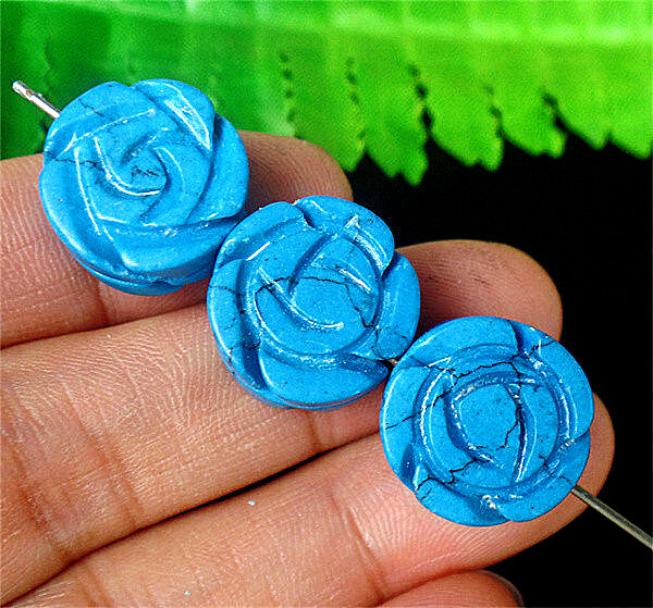 3Pcs 15x8mm Blue Turquoise Carved Flower Heigth Holes Loose Beads DIY BQ69211