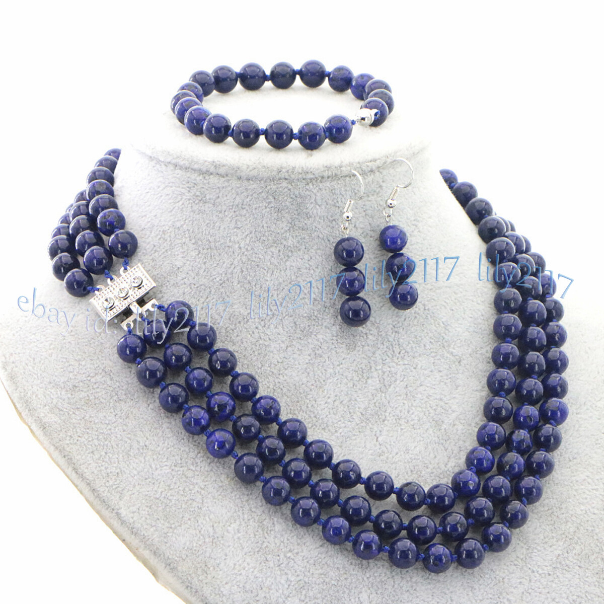 3 Rows Natural Multicolor Jade Round Gems Necklace Bracelet Earrings Jewelry Set