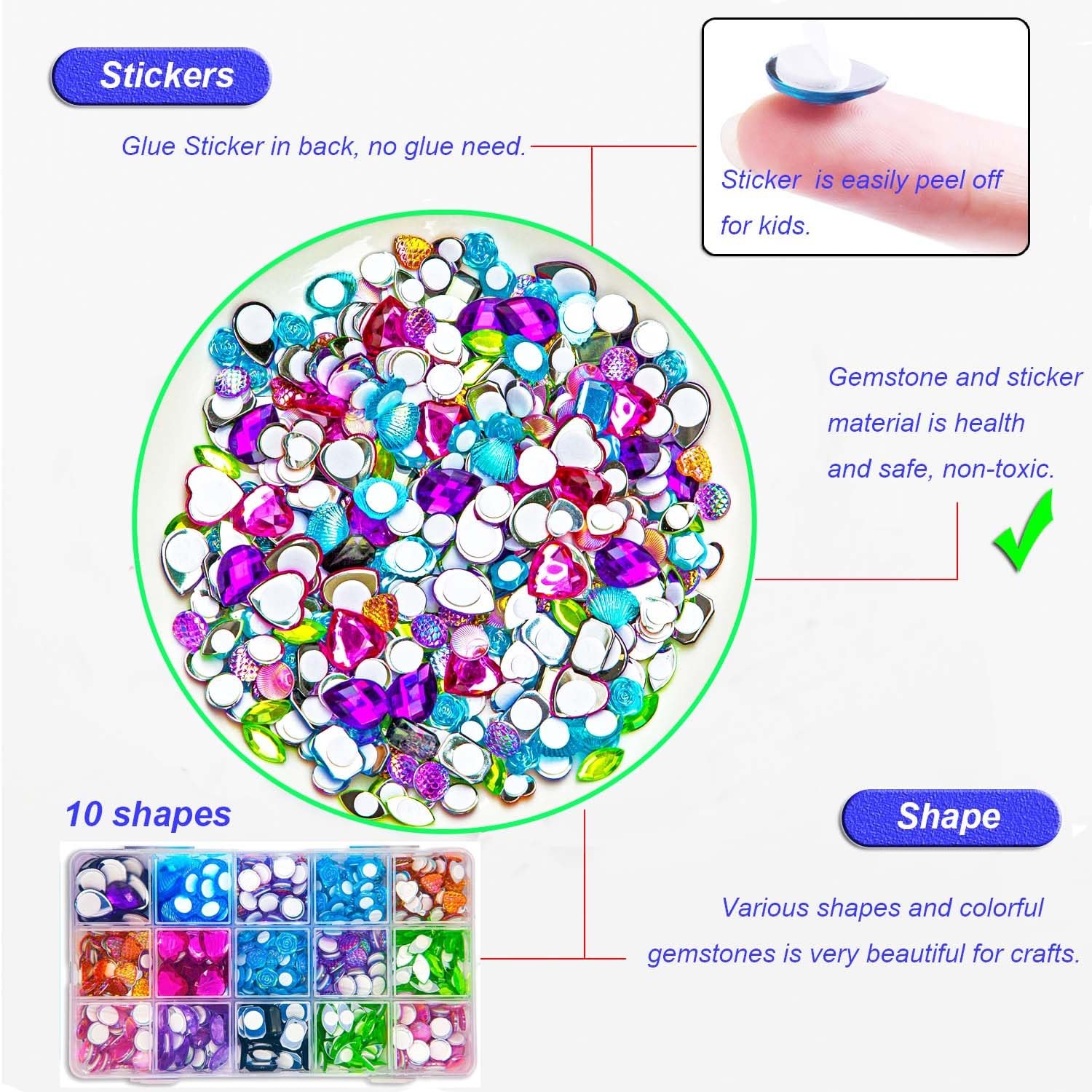 Bulk Self Adhesive Gems Jewels for Kids Crafts Rhinestones colorful10 Shapes …