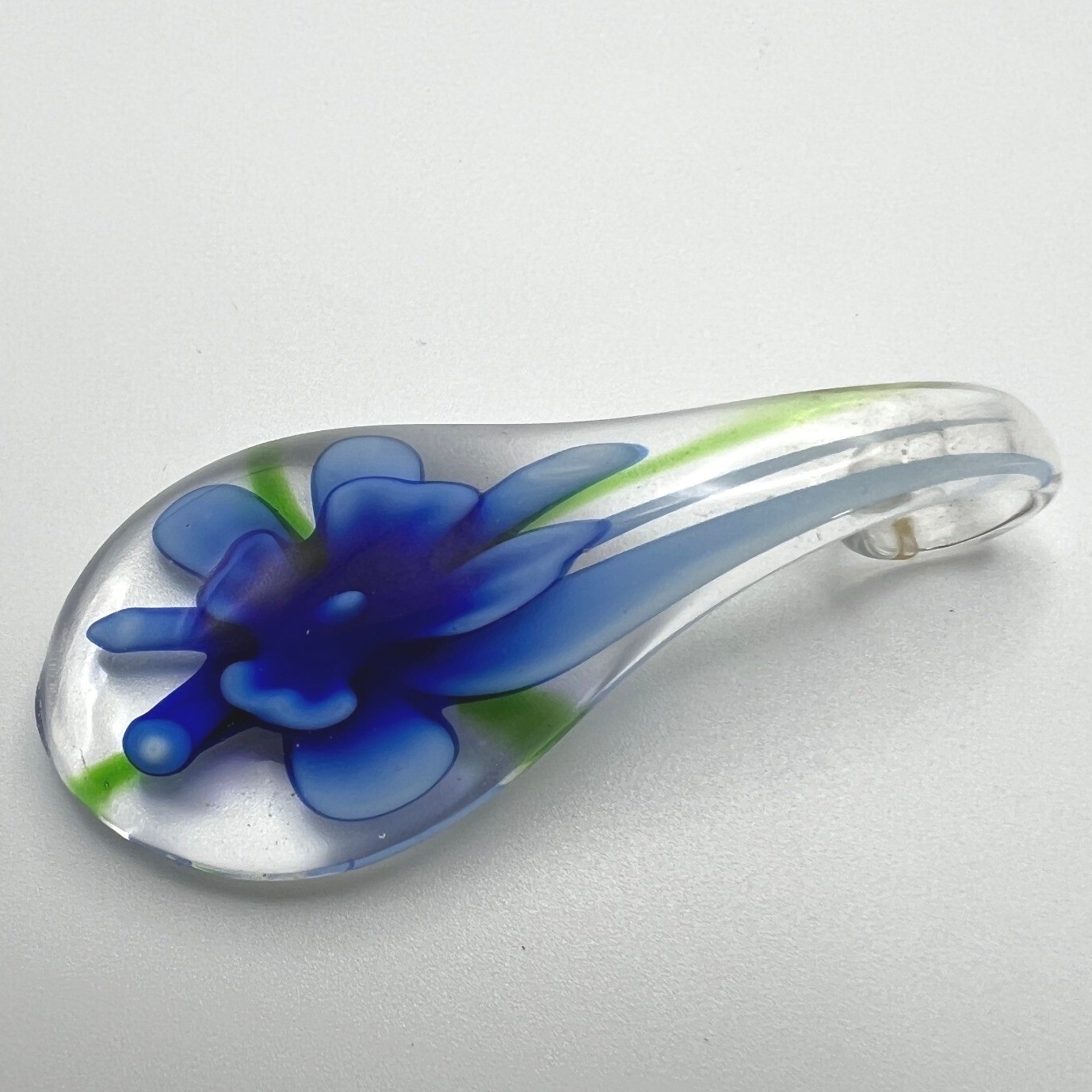 Blue Flower Glass Pendant Teardrop 2 1/2 inches