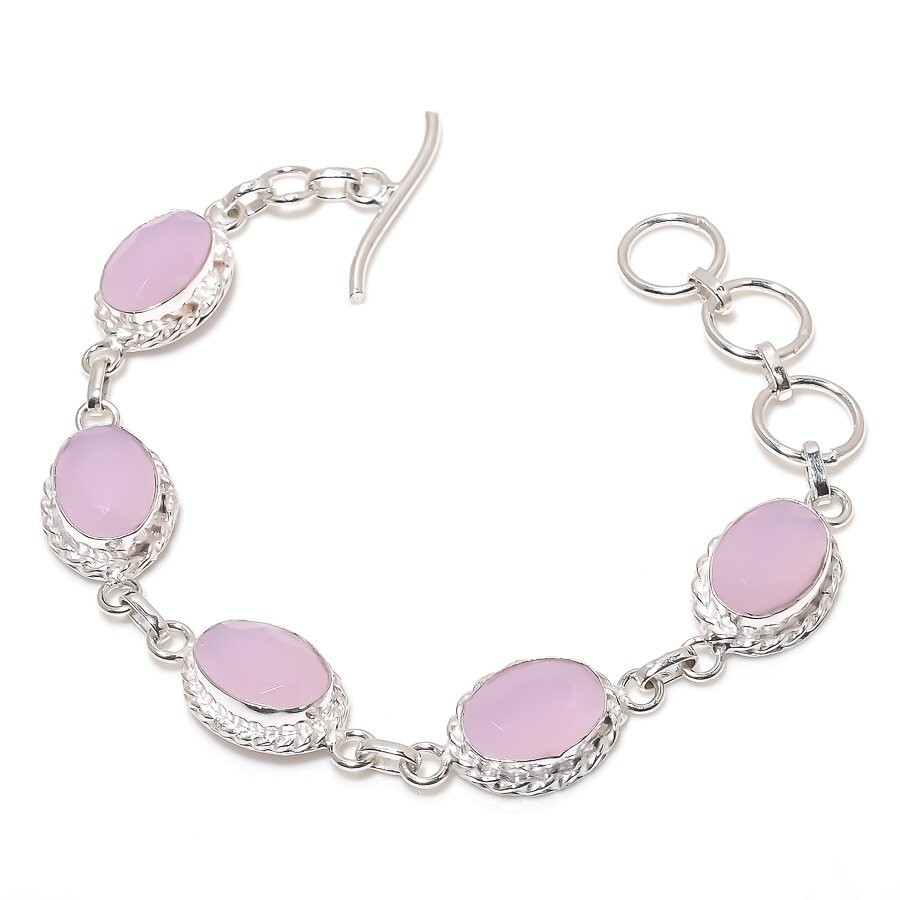 Pink Rose Quartz Gemstone Handmade 925 Sterling Silver Jewelry Bracelet Sz 7-8″