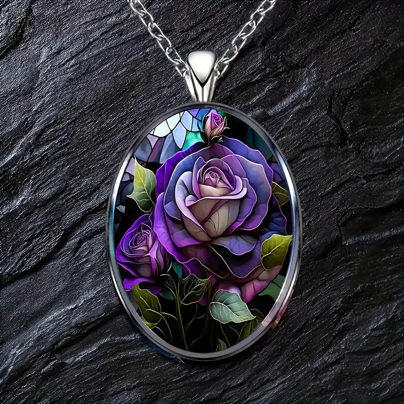 Flower Purple Oval Jewelry Vintage Silvery Gothic Red Love Pendant Necklace