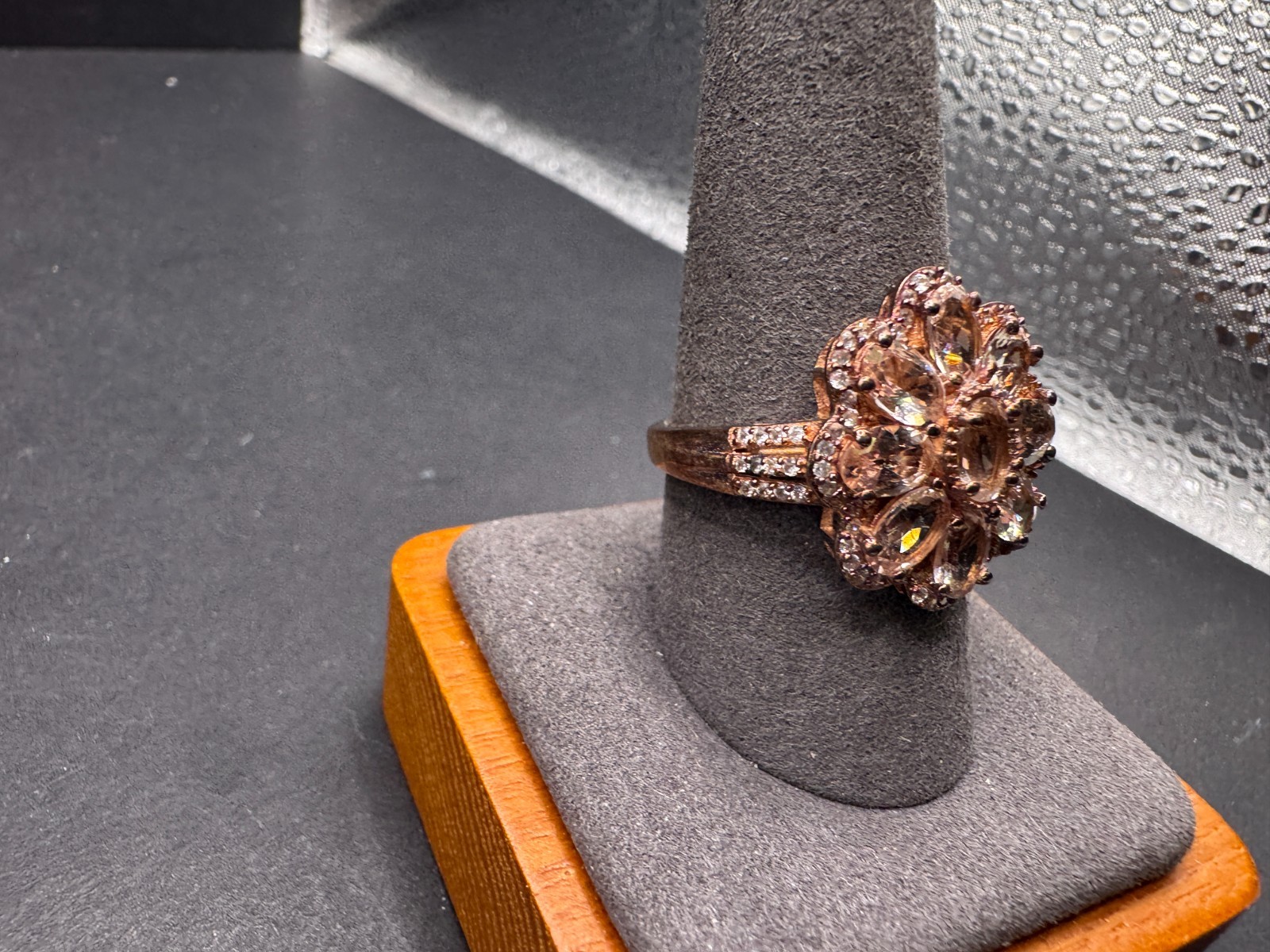 Vtg CN 925 Sterling Silver Rose Gold Morganite CZ Flower Cocktail Ring Sz 10.25