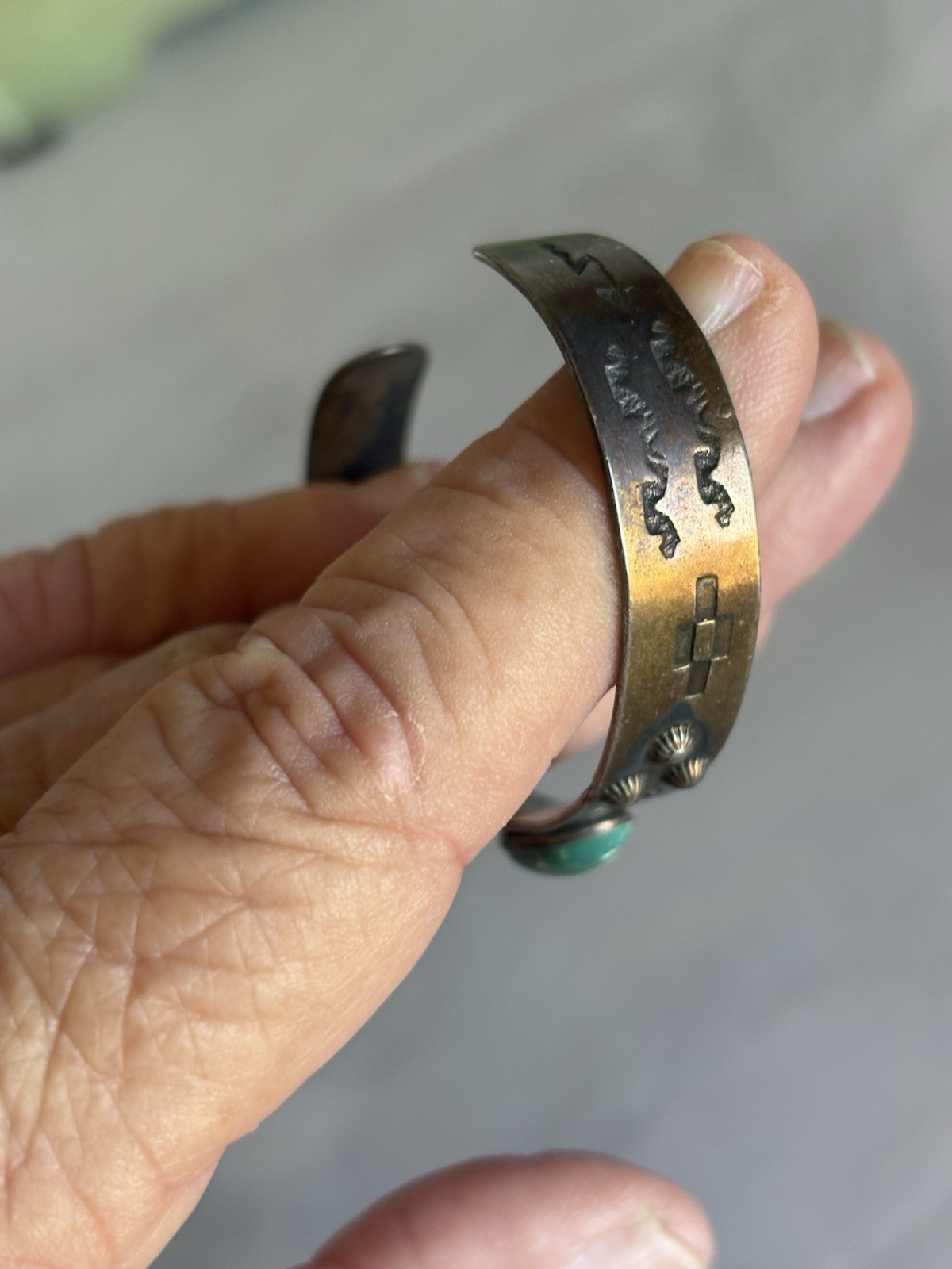 Fred Harvey Era cuff-stamped Sterling with Green Turquoise Stone